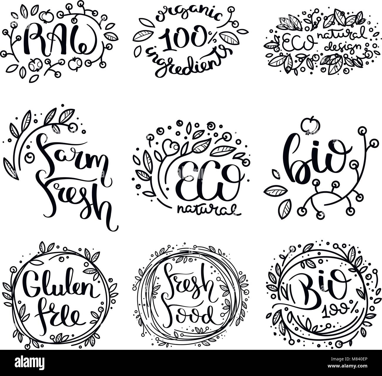 Eco vector organic labels, bio emblems for stickers and restaurants ...
