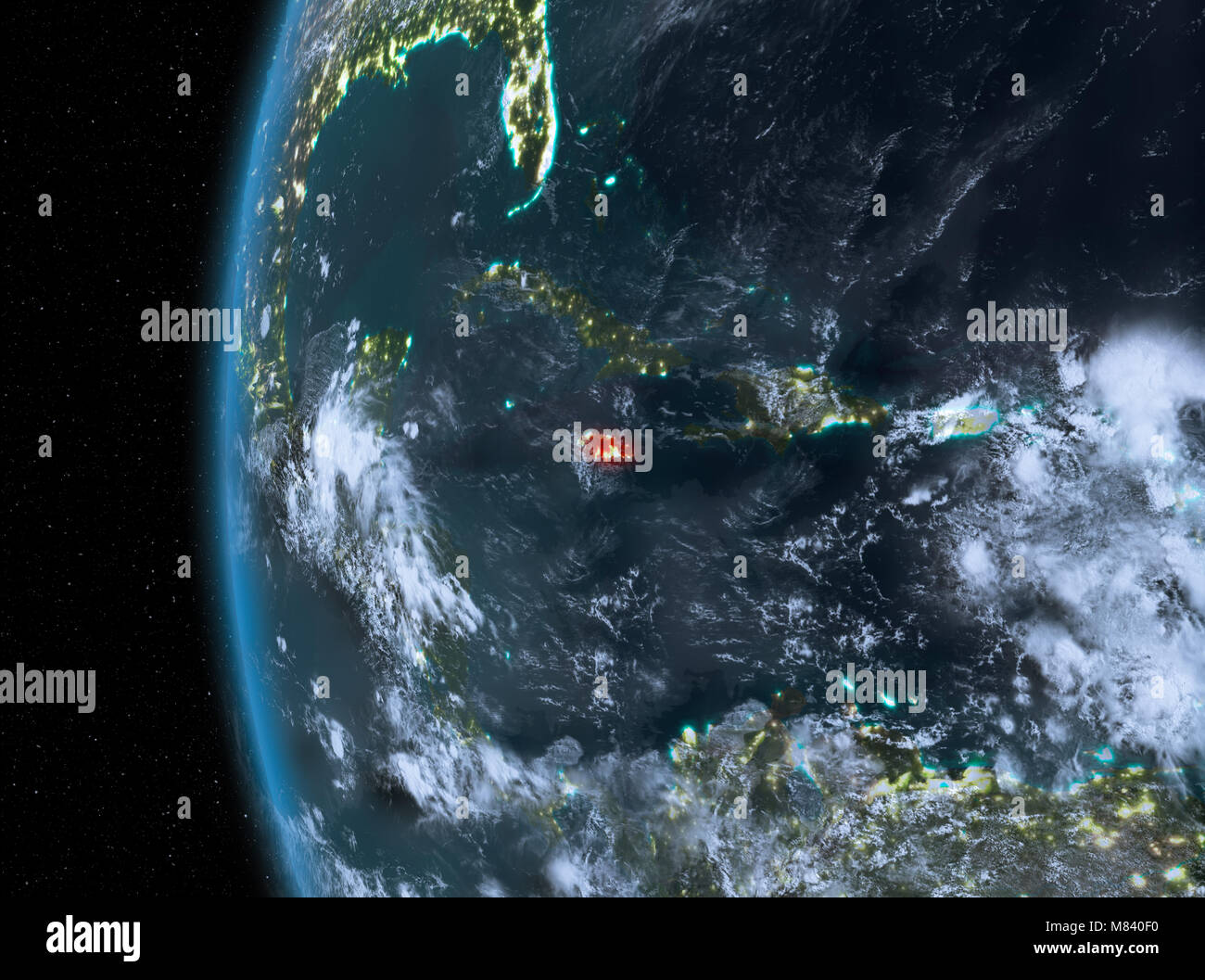 Night map of Jamaica as seen from space on Earth. 3D