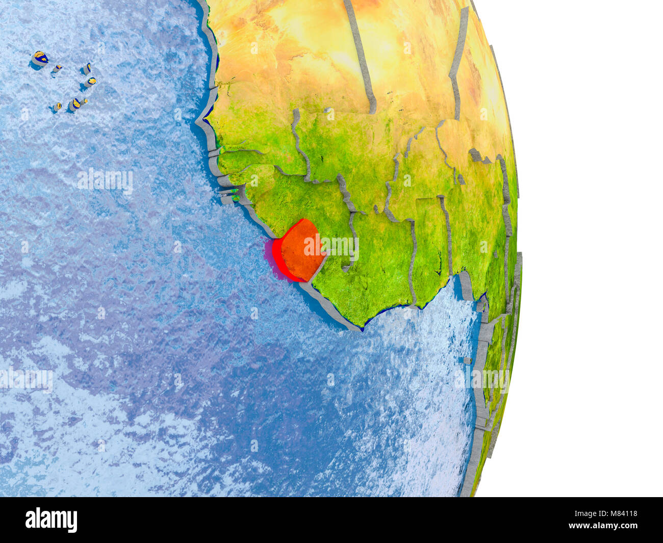 Sierra Leone in red on model of globe with embossed countries and ...
