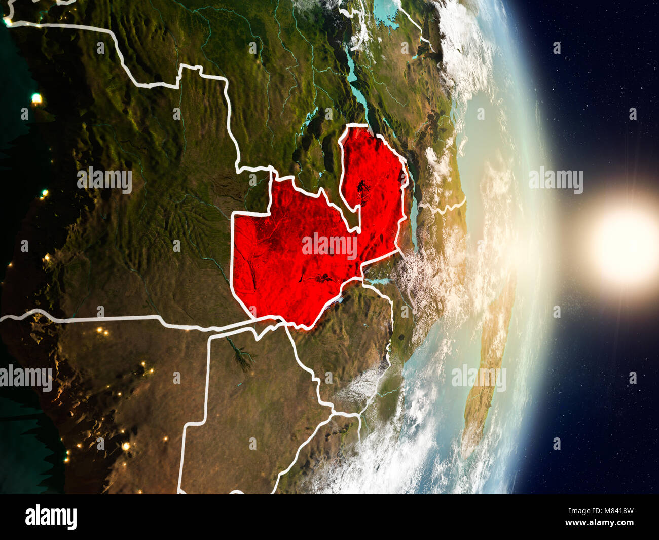 Zambia during sunrise highlighted in red on planet Earth with visible ...