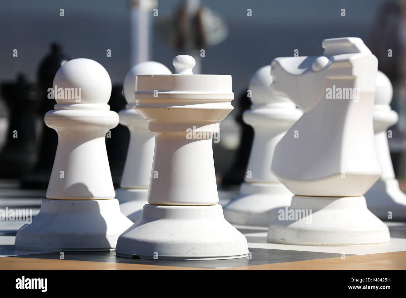 Chess pieces on Queen Elizabeth. Cunard Liner Stock Photo