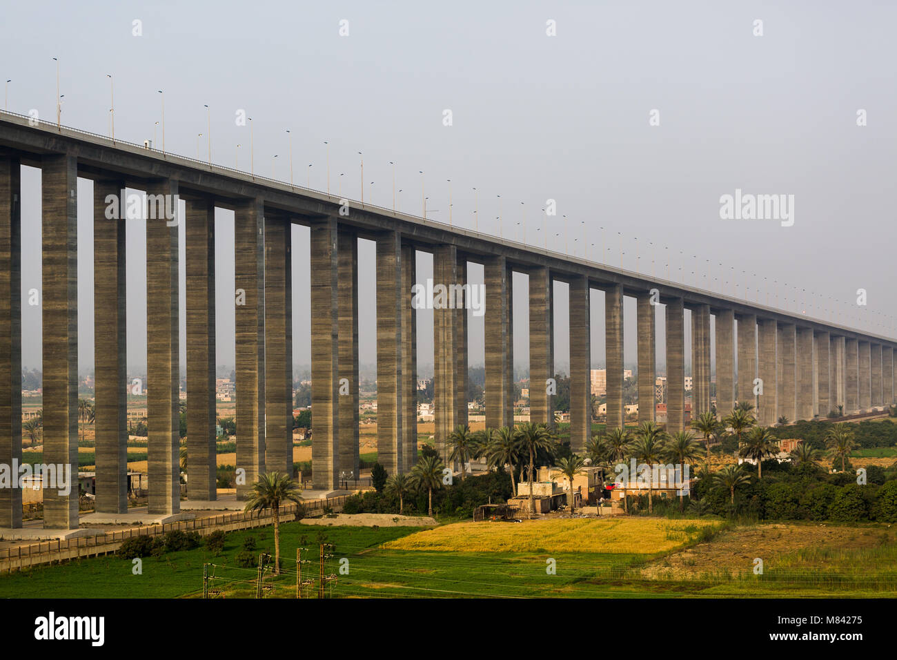 viaduct leading to and from bridge over Suez Canal Egypt Stock Photo
