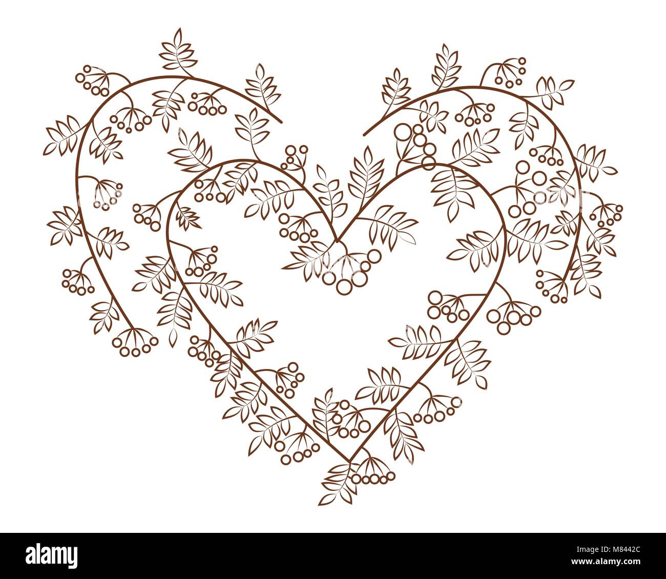 Rowanberry in heart shape vector illustration. Decoration for Valentine's Day. Branches with leaves and berries. Stock Vector
