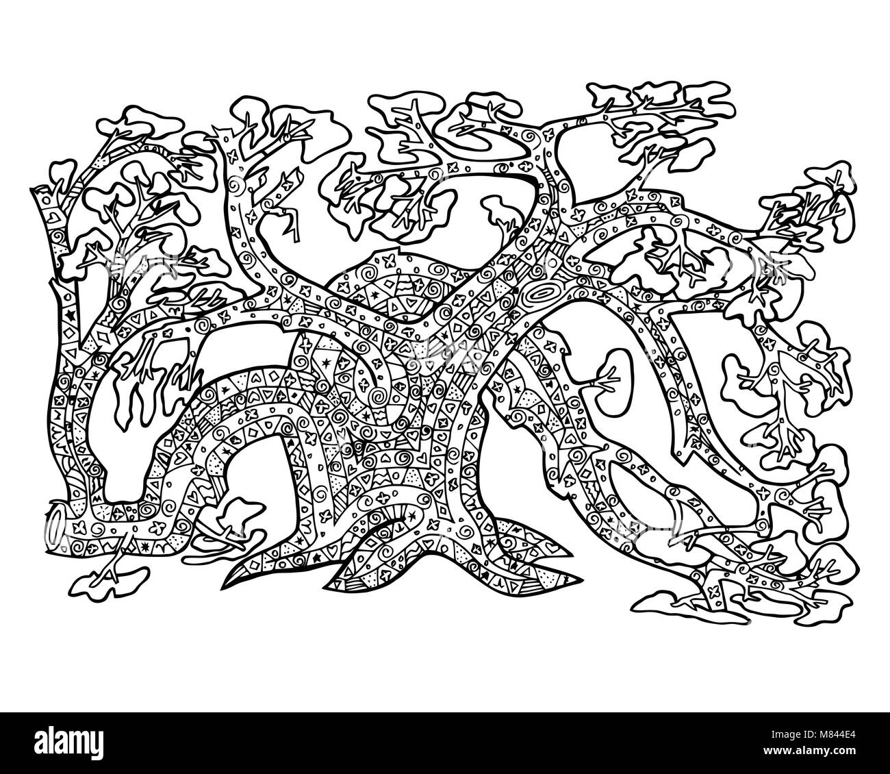 Magic old Tree zen tangle and doodle. Black and white coloring book