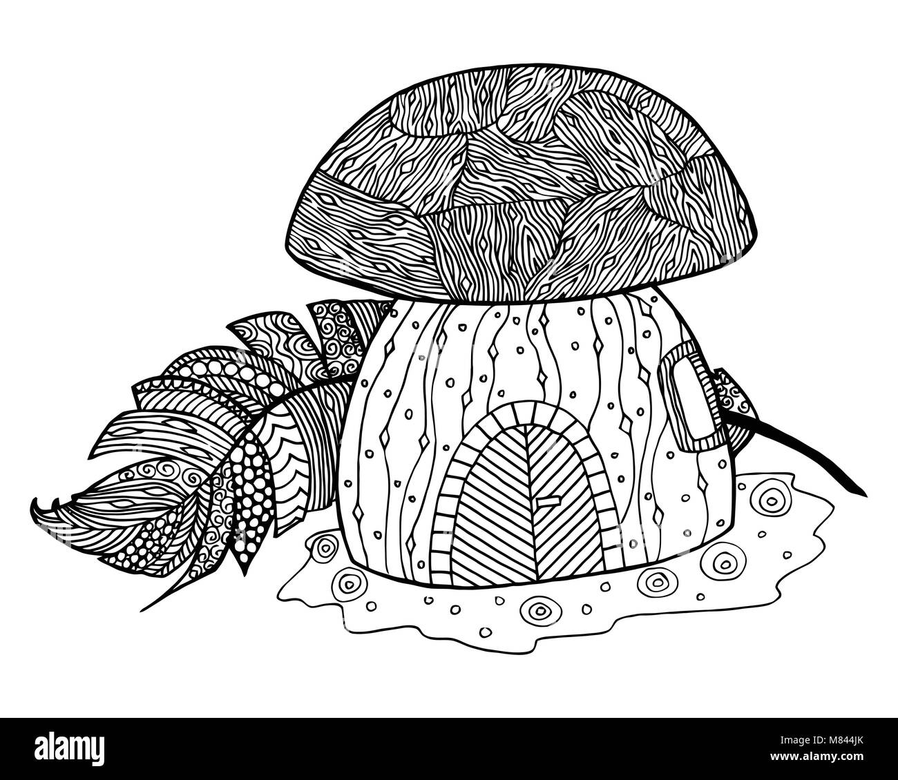 Mushroom vector illustration. Fungus zen tangle and doodle. Fungi zenart. Feather of bird coloring book. Tatoo nature Stock Vector