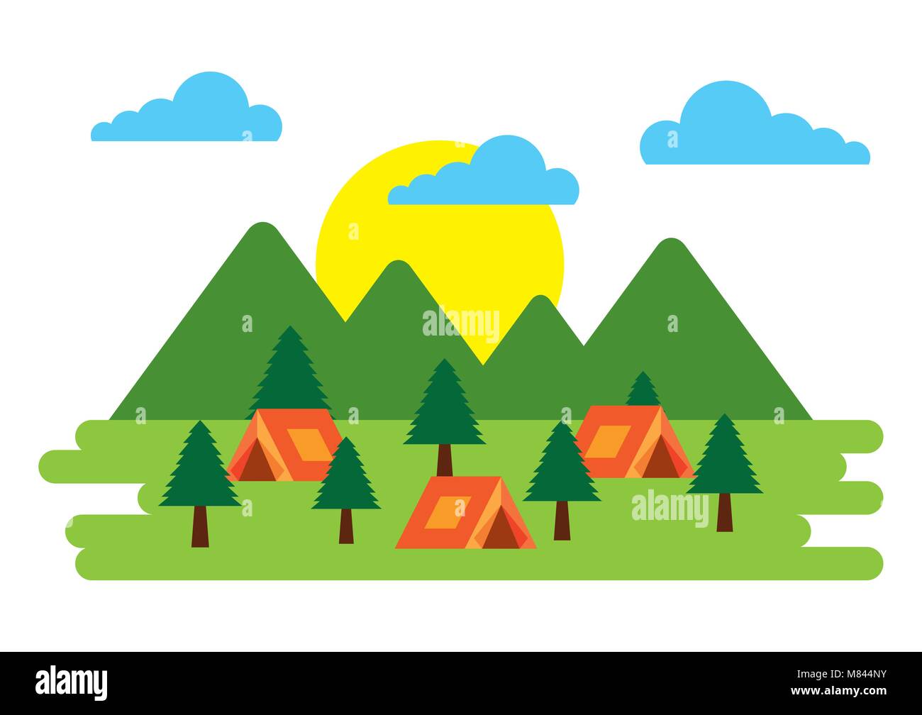 forest outdoor camp field many tents mountains trees vector ...