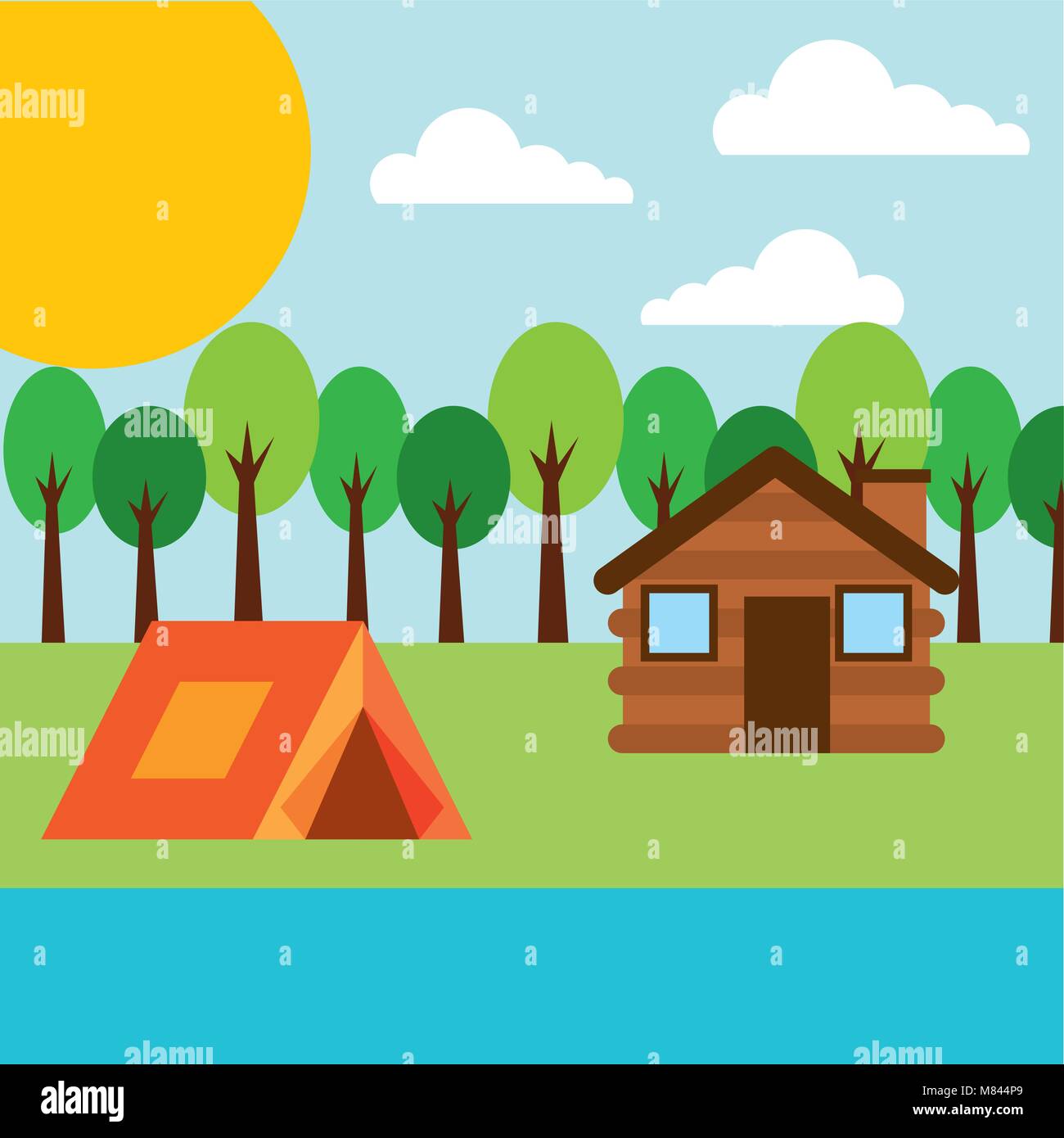 forest outdoor camp wooden cottage and tent river vector illustration Stock Vector