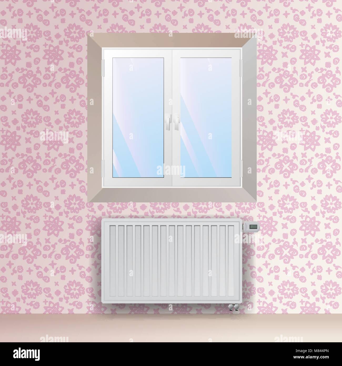Steel panel radiator under the window. Heating equipment with electronic thermostatic head. Vector wallpaper with floral pattern. Stock Vector