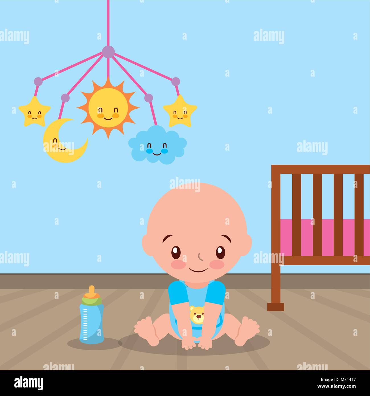 Baby Mobile Crib Toy Little Boy Sitting On Floor Bottle Vector