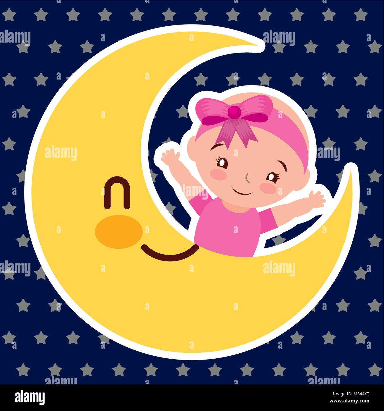 Baby Shower Cute Little Girl In Cartoon Moon Vector Illustration