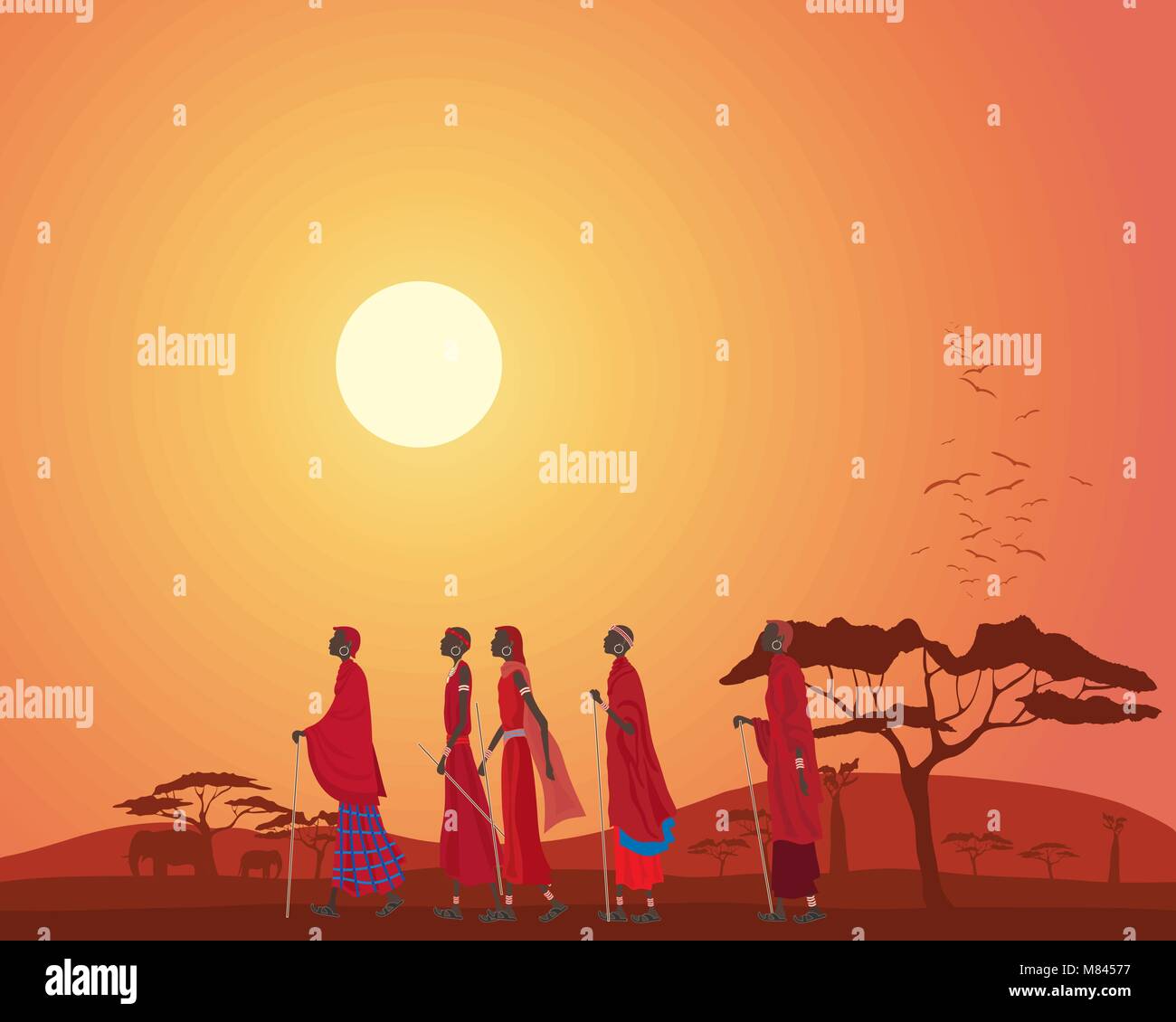 a vector illustration in eps 10 format of African Masai men walking across the plains at sunset in kenya Stock Vector