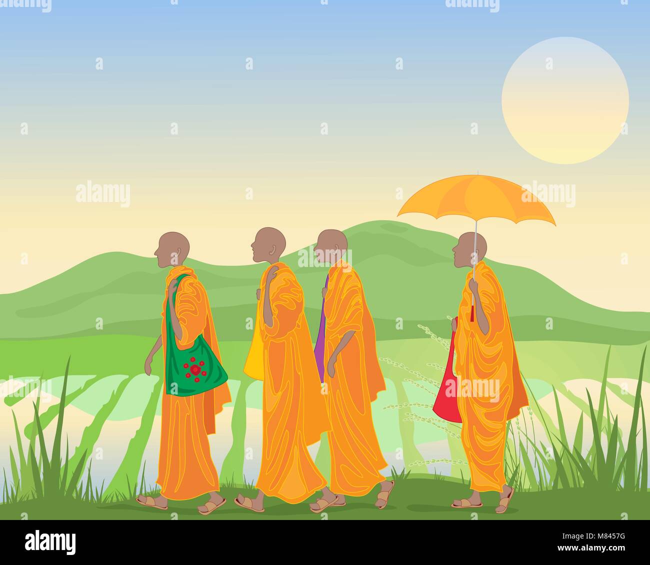 a vector illustration in eps 10 format of Buddhist monks in orange robes walking by a paddy field with mountains in Asia Stock Vector