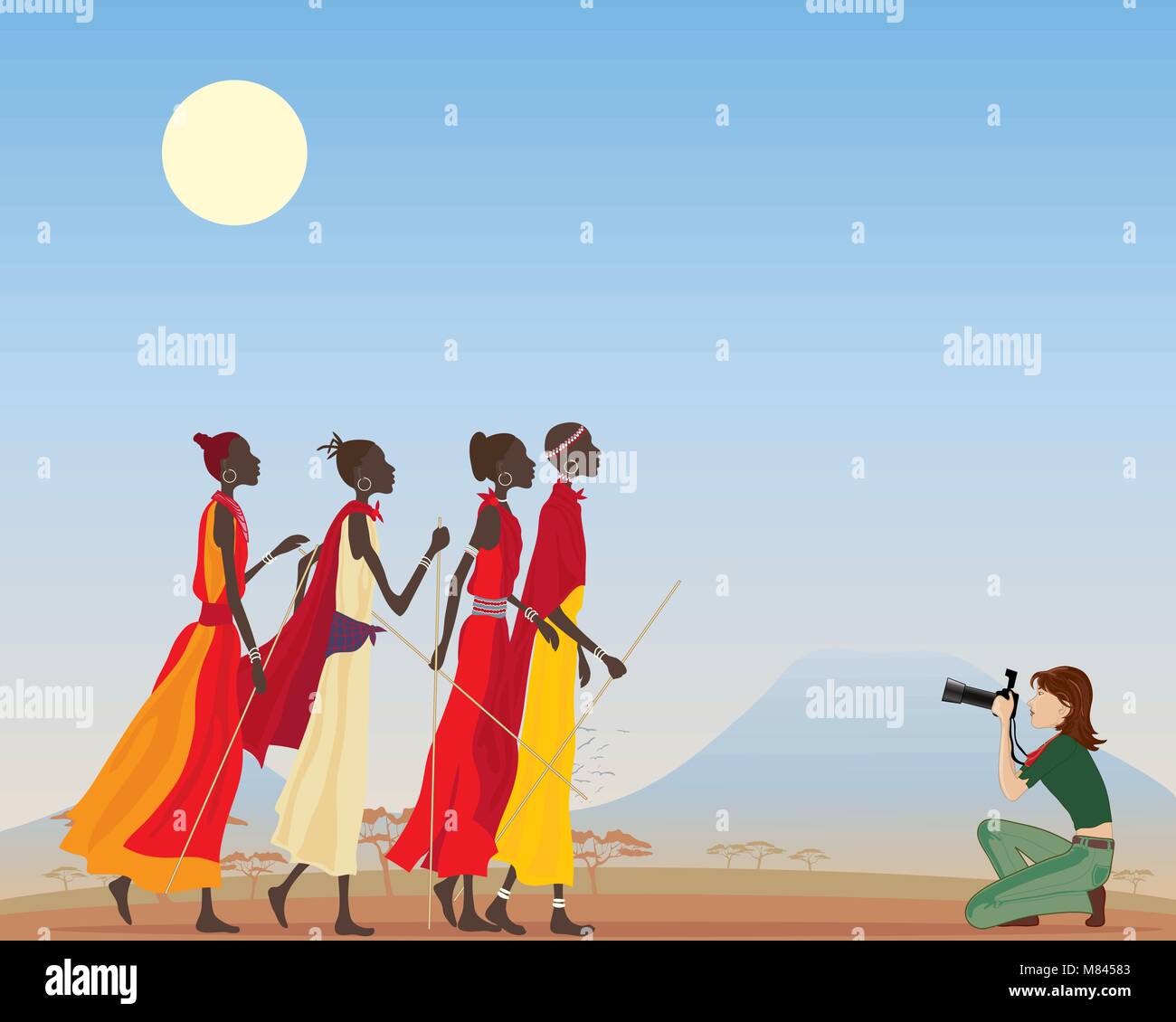 a vector illustration in eps 10 format of a female photographic journalist taking pictures of Masai women in a Kenya landscape Stock Vector
