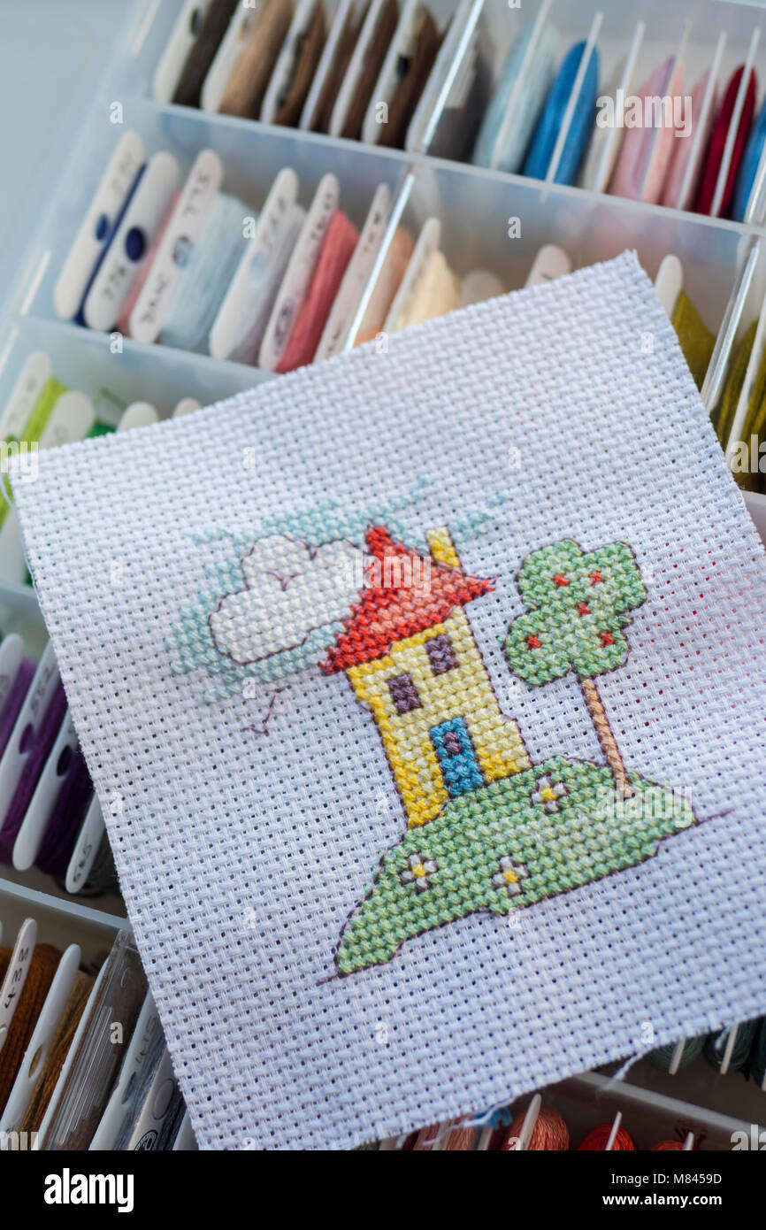 Embroidery Threads for cross stitch in a storage box with completed