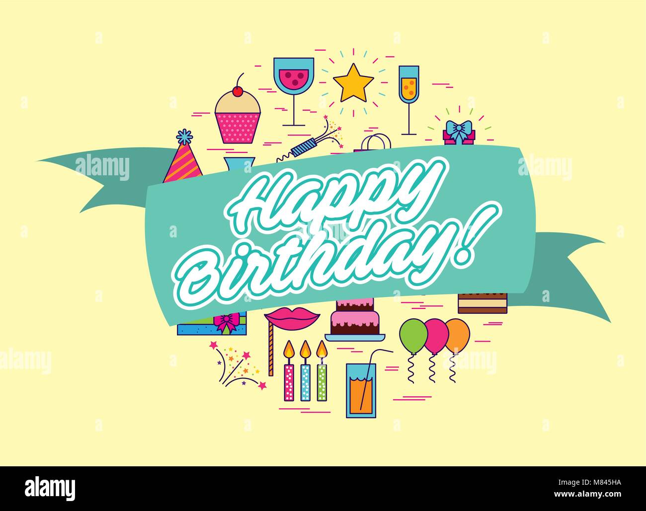 happy birthday ribbon decoration icons vector illustration Stock Vector ...
