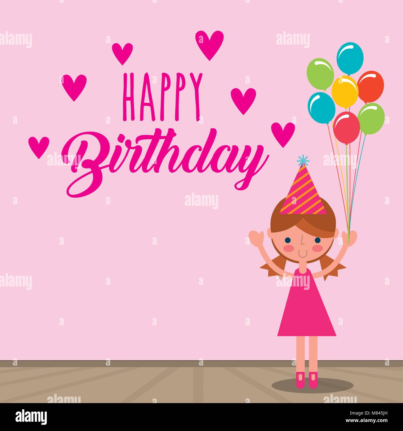 cute girl holding bunch balloons decoration - happy birthday card ...