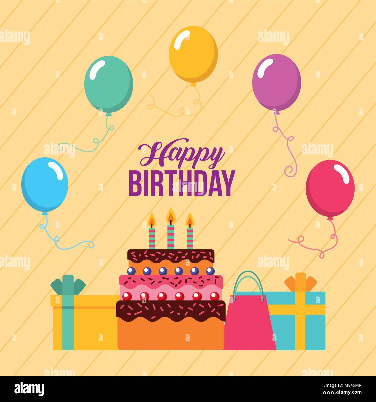 happy birthday card sweet ckae with candles and gifts vector ...