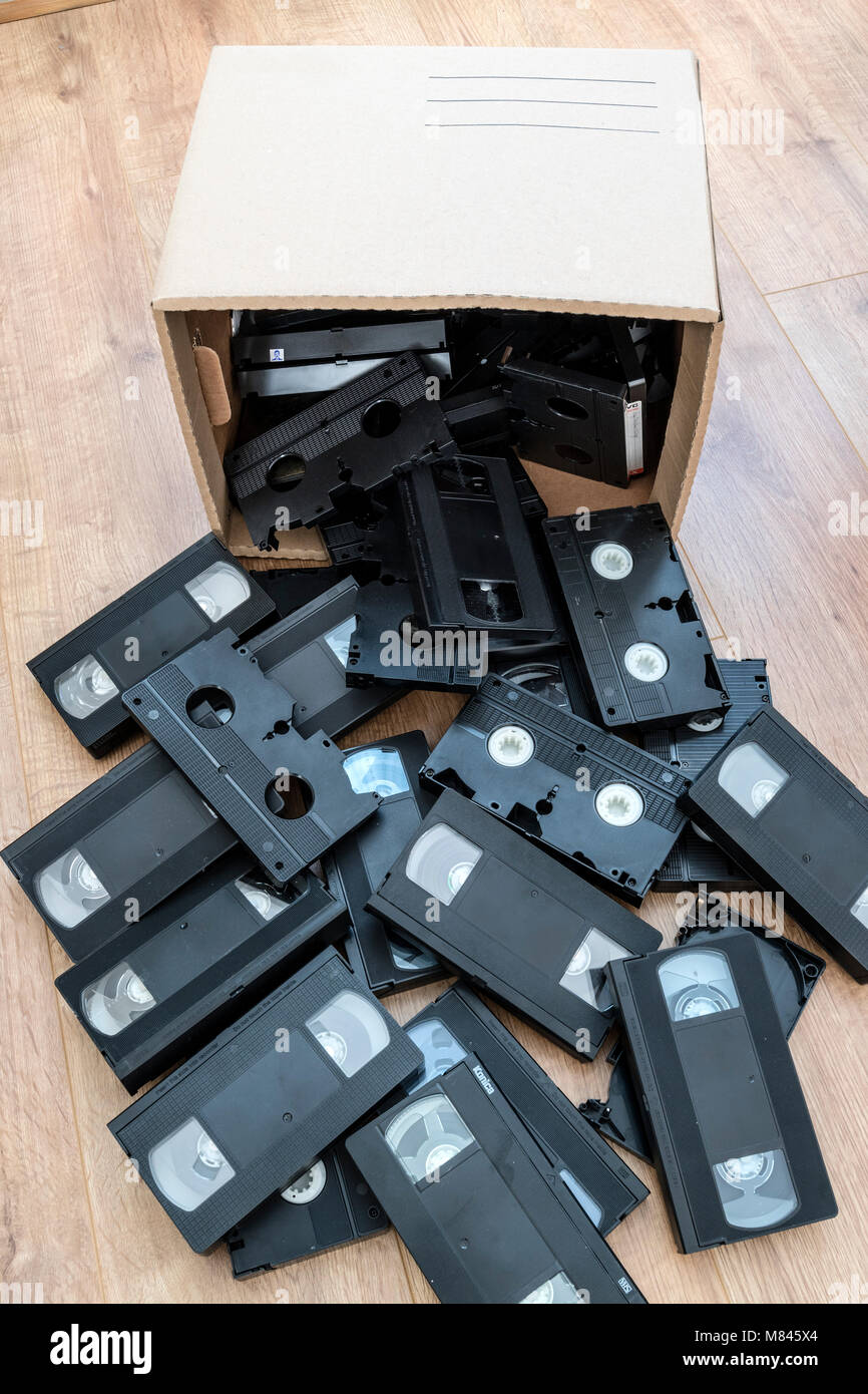 A Box of Old Video Tapes That Need to be Recycled But Cannot be Placed