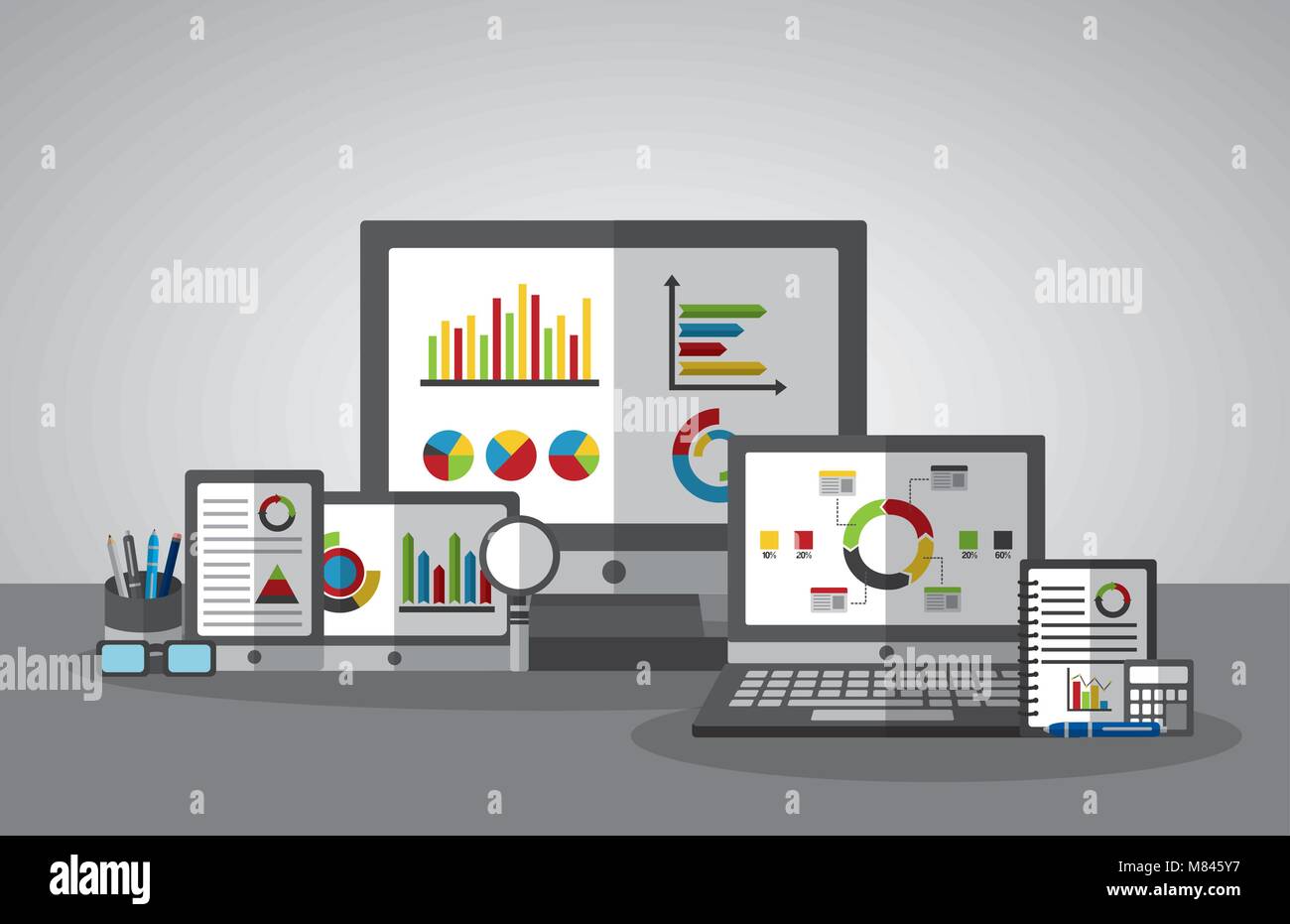 set of computer mobile statistics data business vector illustration ...