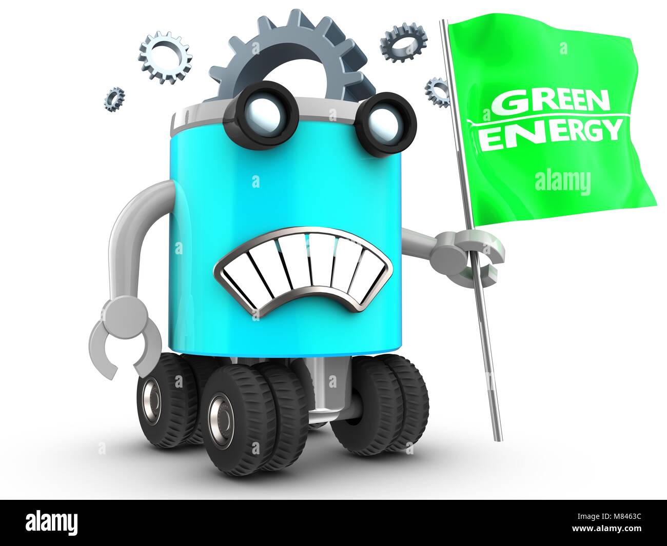 3d illustration of robot with with green energy flag over white ...