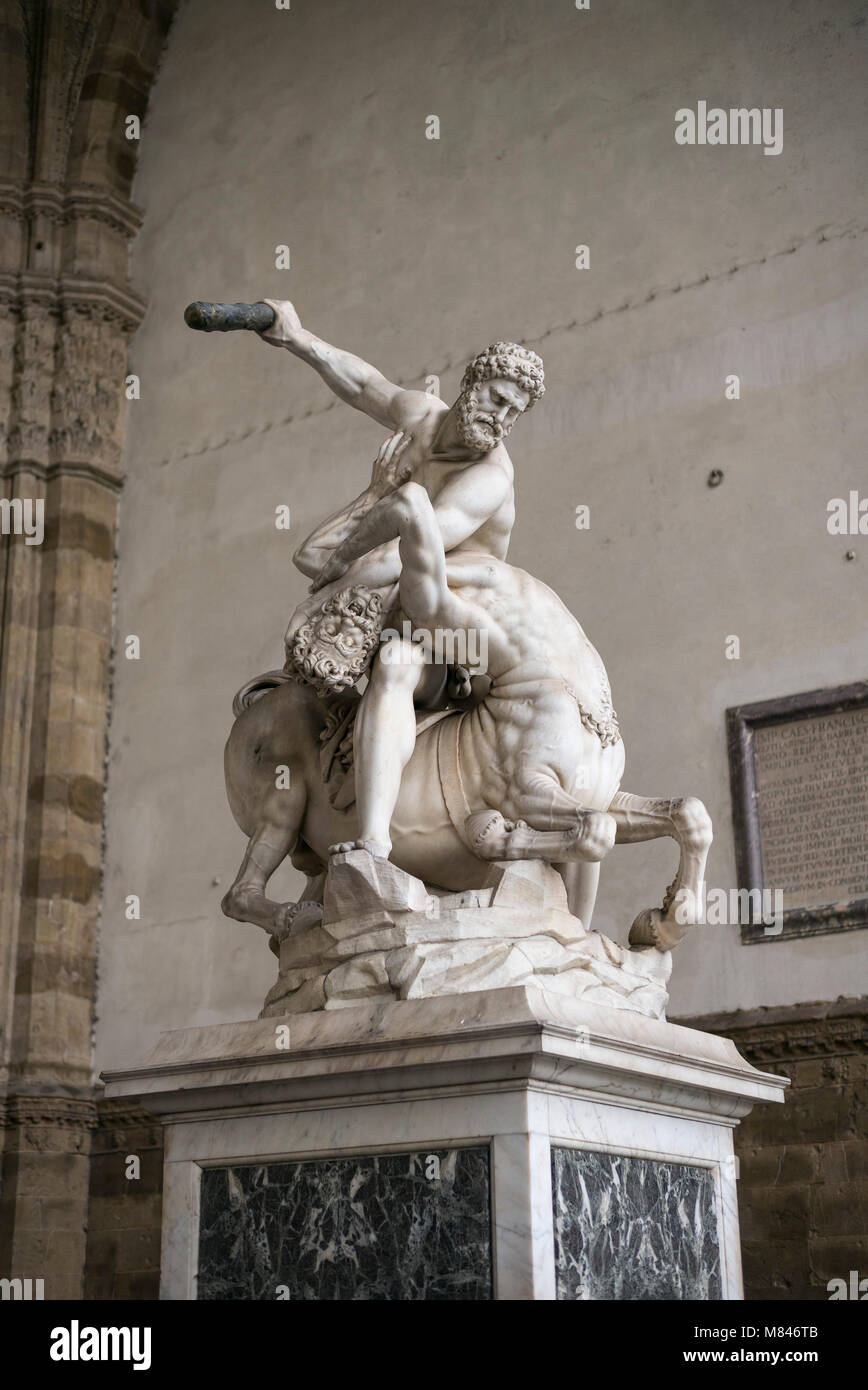 Florence. Italy. Hercules and the centaur Nessus, 1549-1599, sculpture by Giambologna, Loggia dei Lanzi, Piazza della Signoria.  Jean de Boulogne aka  Stock Photo