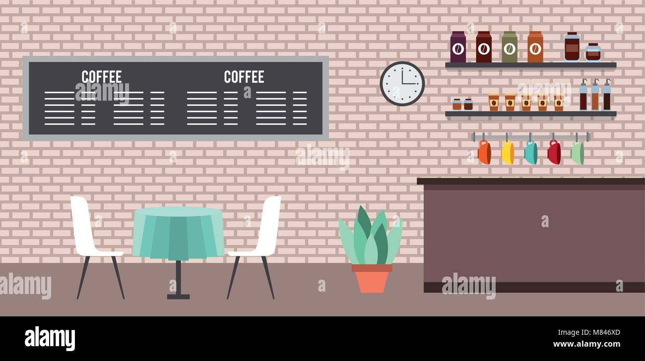 coffee shop interior table chairs menu clock cups vector illustration ...