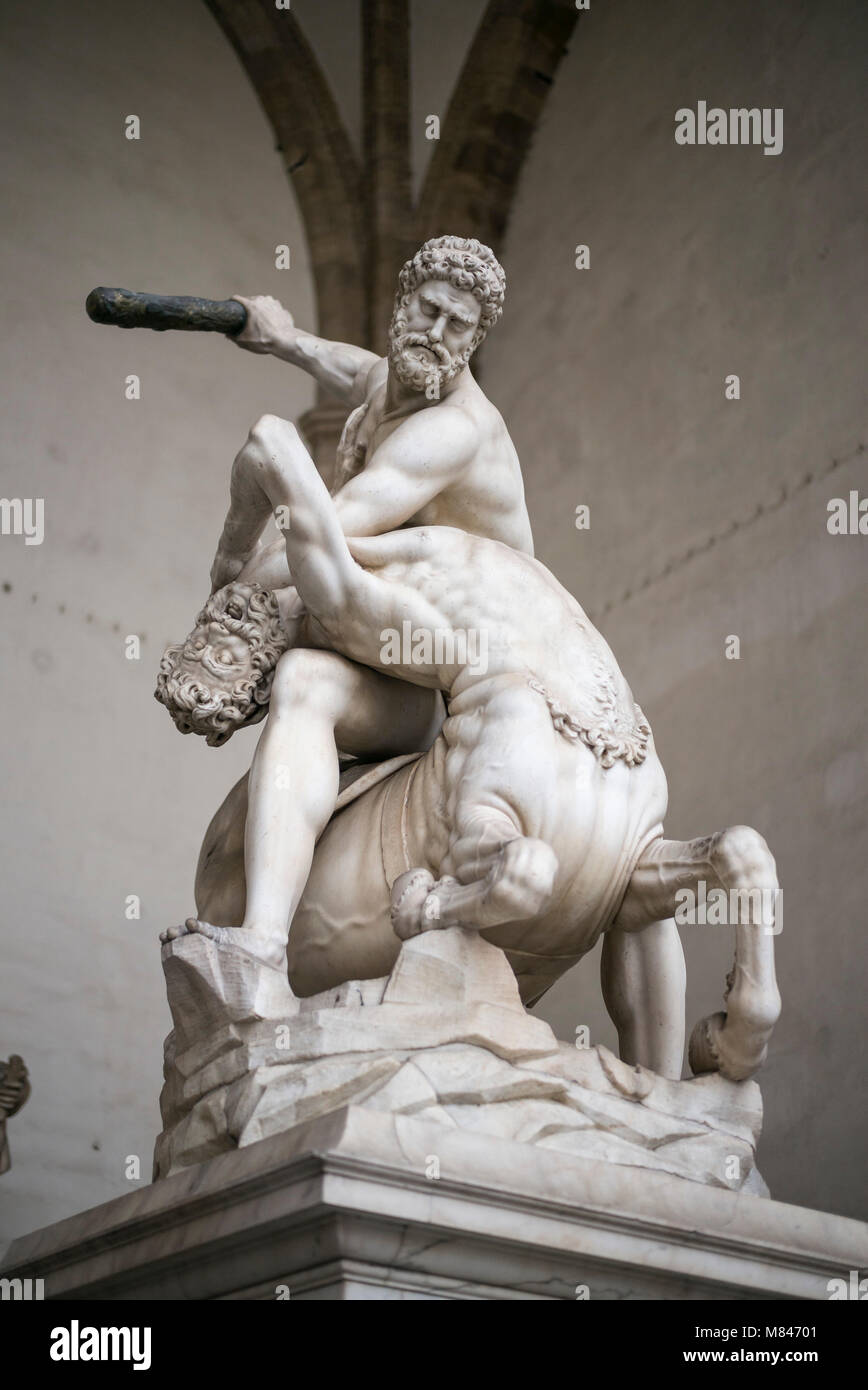 Florence. Italy. Hercules and the centaur Nessus, 1549-1599, sculpture by Giambologna, Loggia dei Lanzi, Piazza della Signoria.  Jean de Boulogne aka  Stock Photo