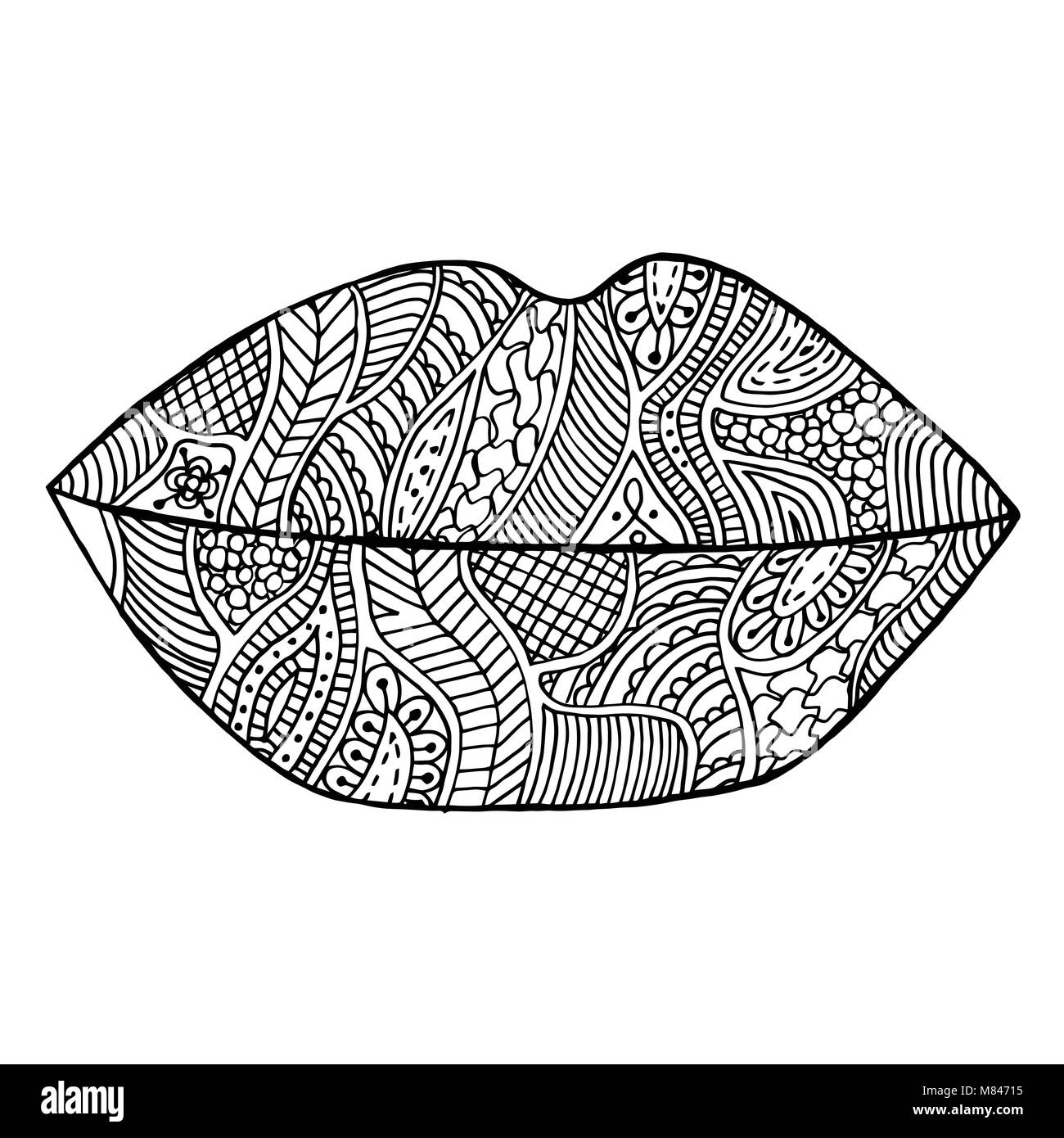 Lips vector illustration. Lipstick zen. Kiss tangle pattern. Makeup doodle. Stock Vector