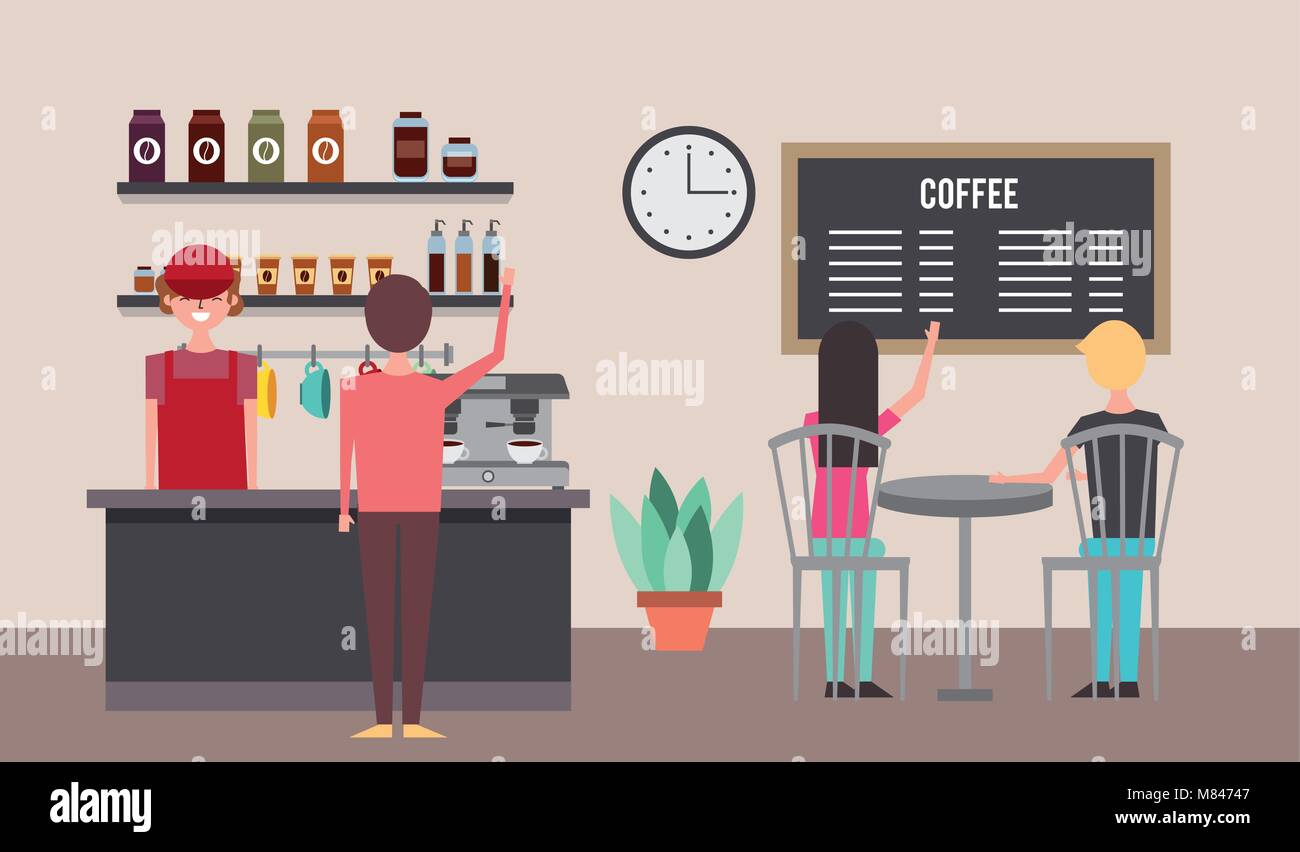 people coffee shop barista behind counter customer sitting in chairs