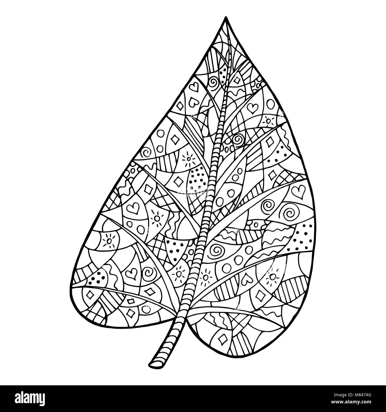Leaf vector illustration. Tangle patern. Black and white coloring book ...
