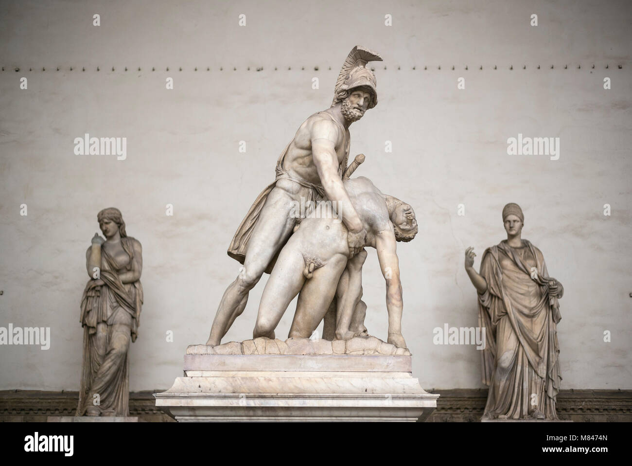 Florence. Italy. Menelaus Holding the body of Patroclus, Roman sculpture, Loggia dei Lanzi, Piazza della Signoria.  Menelaus Holding the body of Patro Stock Photo