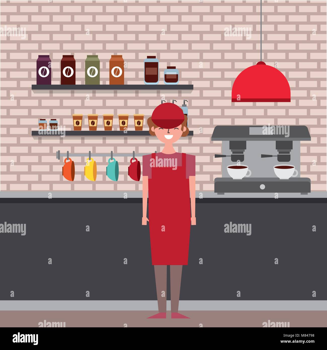 coffee shop interior and barista employee worker vector illustration ...