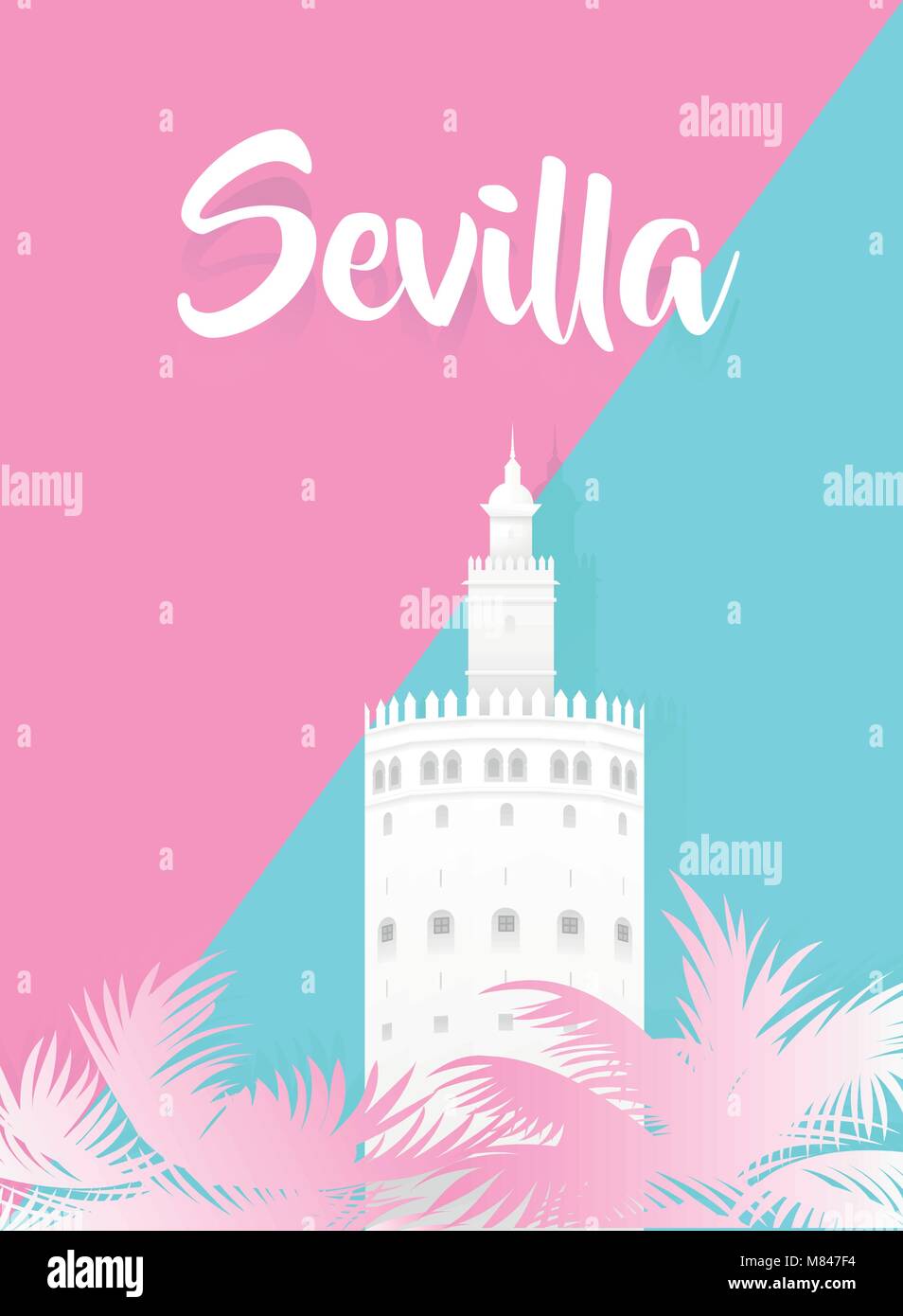 Illustration of the gold tower with the word seville written in spanish. Stock Vector