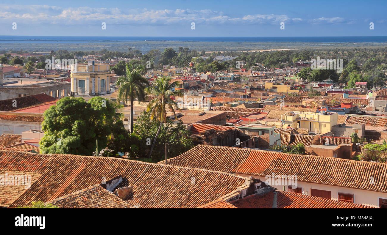 A view from above of the roofs of the historic part of the Caribbean city of Trinidad. Stock Photo