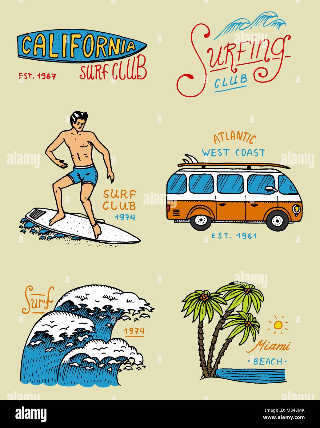 Surf badge and wave, palm tree and ocean. tropics and california. man ...