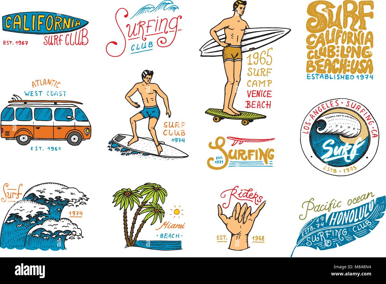 Surf badge and wave, palm tree and ocean. tropics and california. man ...