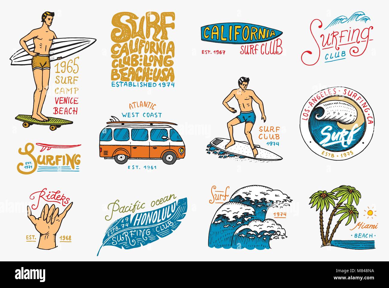 Surf badge and wave, palm tree and ocean. tropics and california. man ...