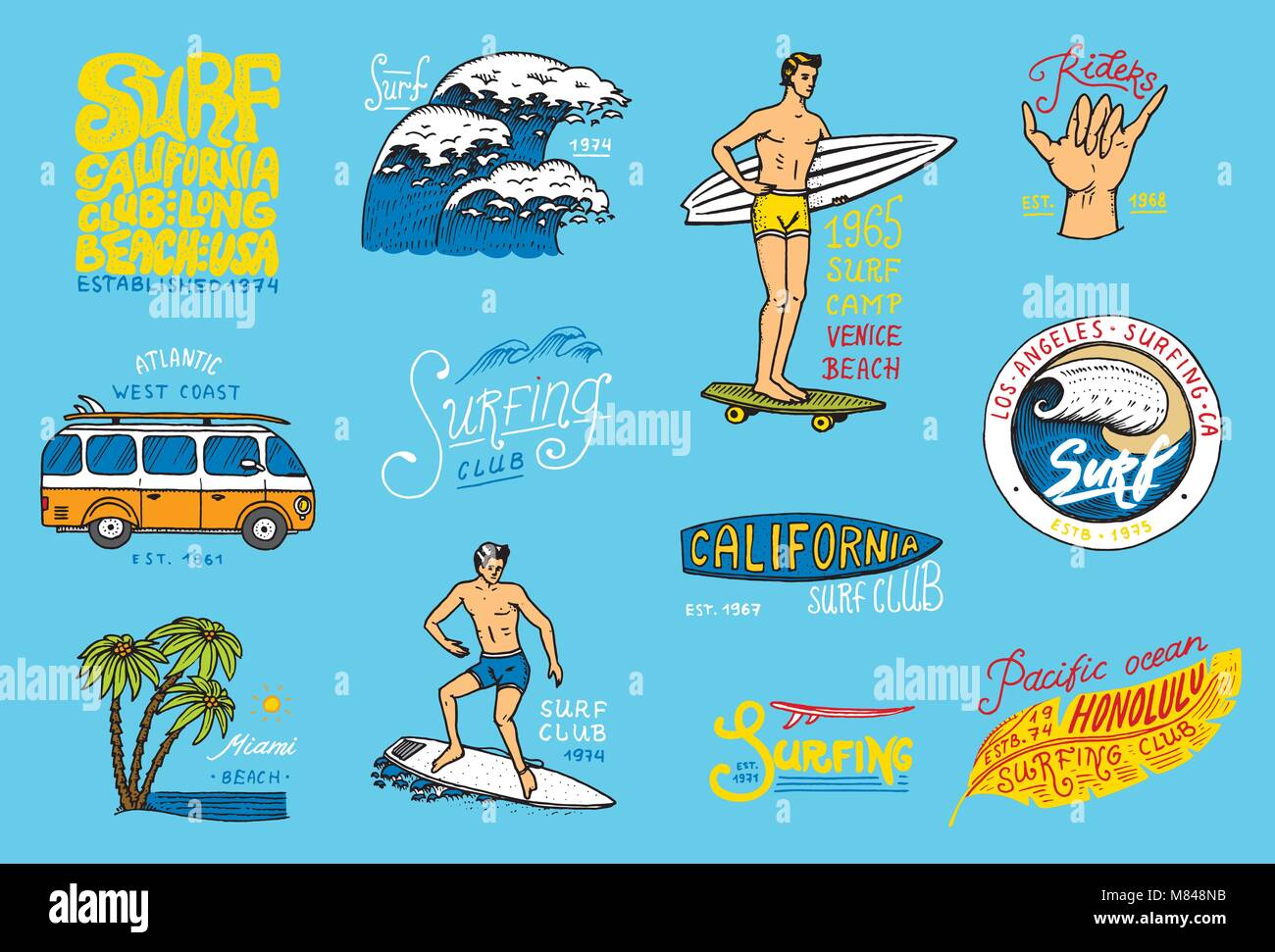 Surf badge and wave, palm tree and ocean. tropics and california. man ...