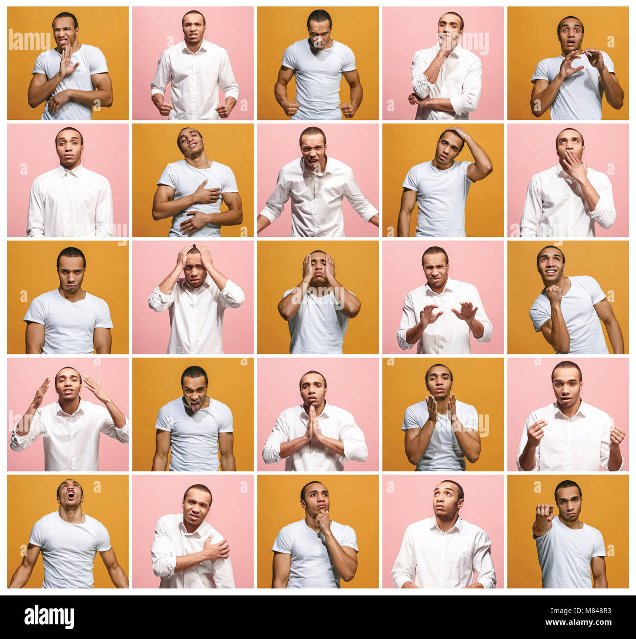 The collage of different human facial expressions, emotions and ...