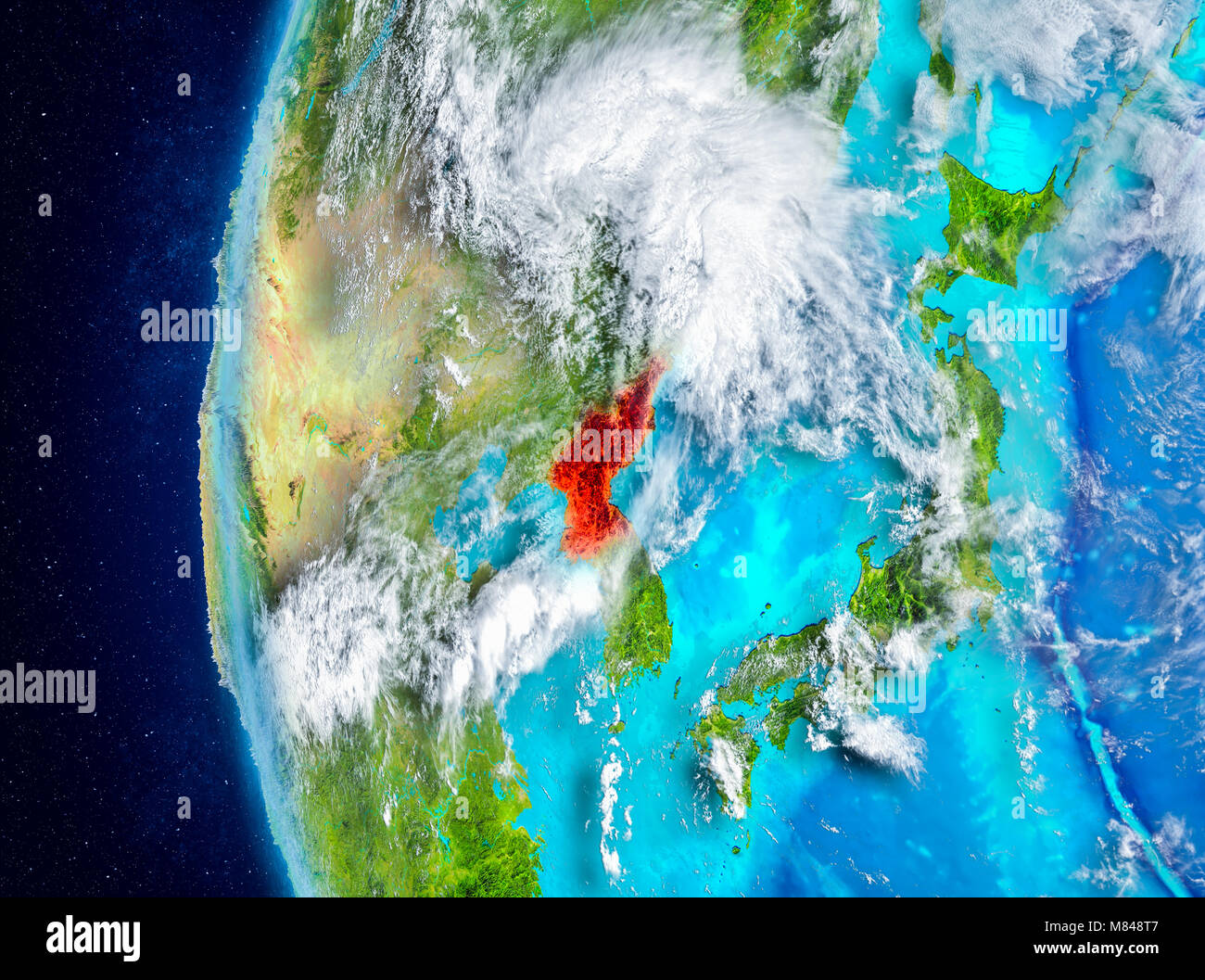Map of North Korea as seen from space on planet Earth with clouds and ...