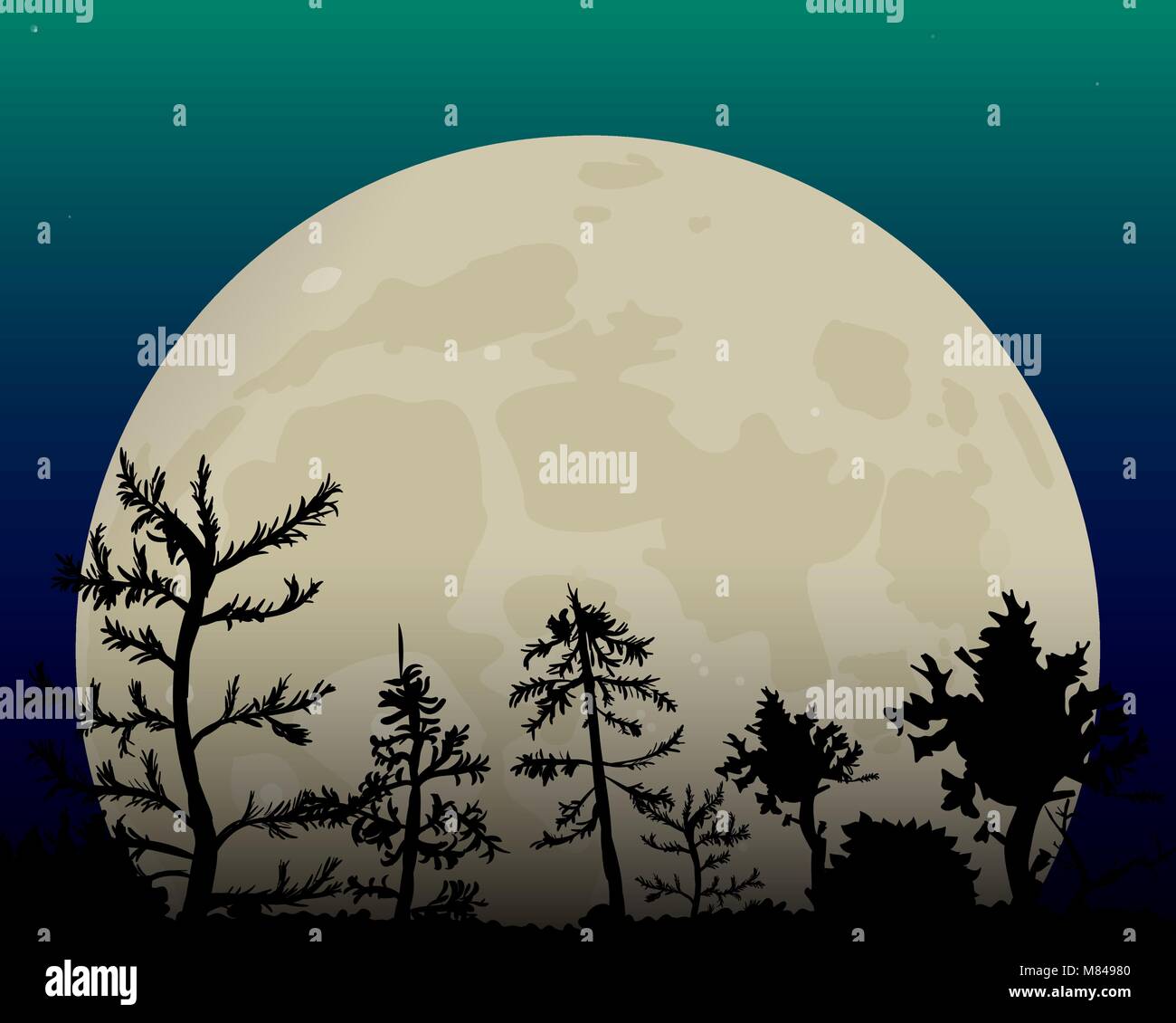 Romantic white big moon in the night sky. Dark forest vector illustration. Stock Vector