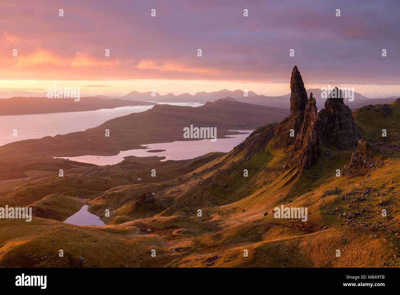 Sunrise over Old Man of Storr on the Isle of Skye, Scotland. Autumn (November) 2017. Stock Photo