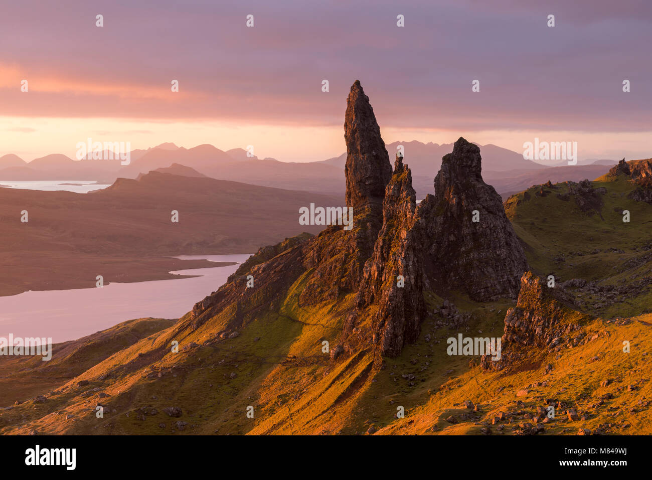 Sunrise over the Old Man of Storr on the Isle of Skye, Scotland. Autumn (November) 2017. Stock Photo