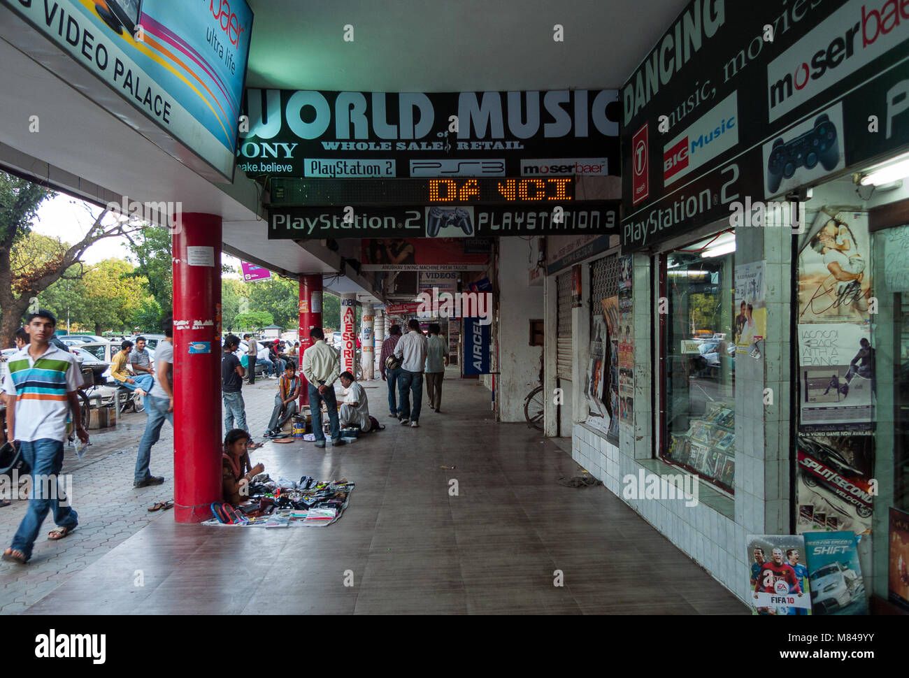 Chandigarh, India: a number of shops under a porch of a building in the city of Chandigarh, India. Stock Photo