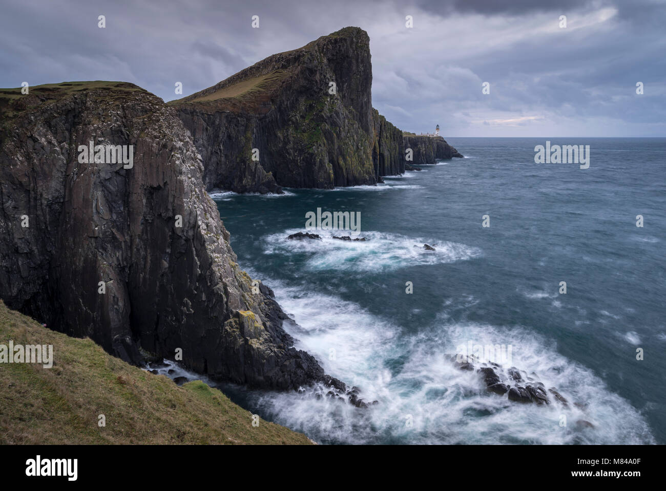 Dramatic cliffs near Neist Point Lighthouse on the west coast of the Isle of Skye, Scotland. Autumn (November) 2017. Stock Photo