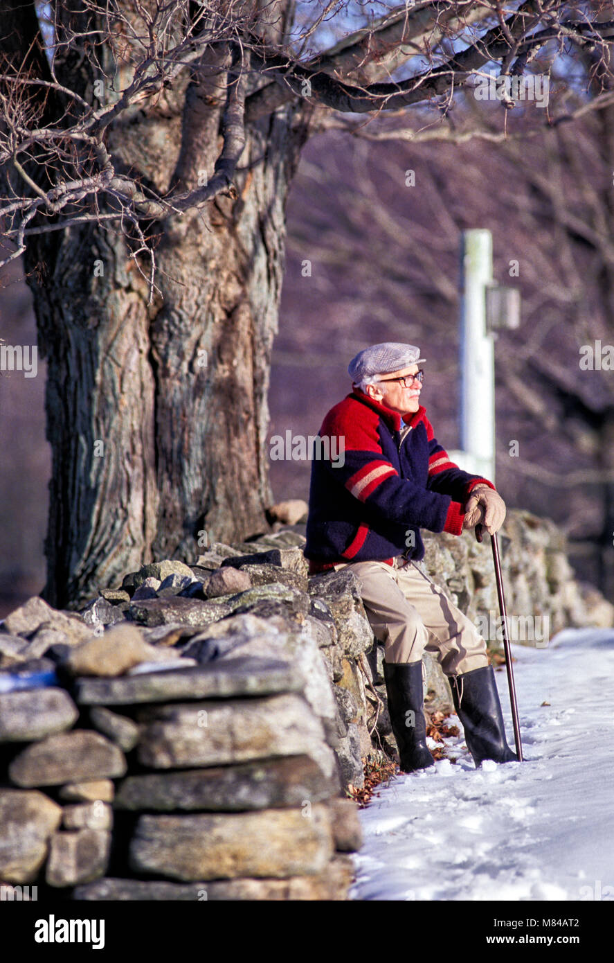 Senior man sitting Alone on a New England fieldstone fence on a snowy day Stock Photo