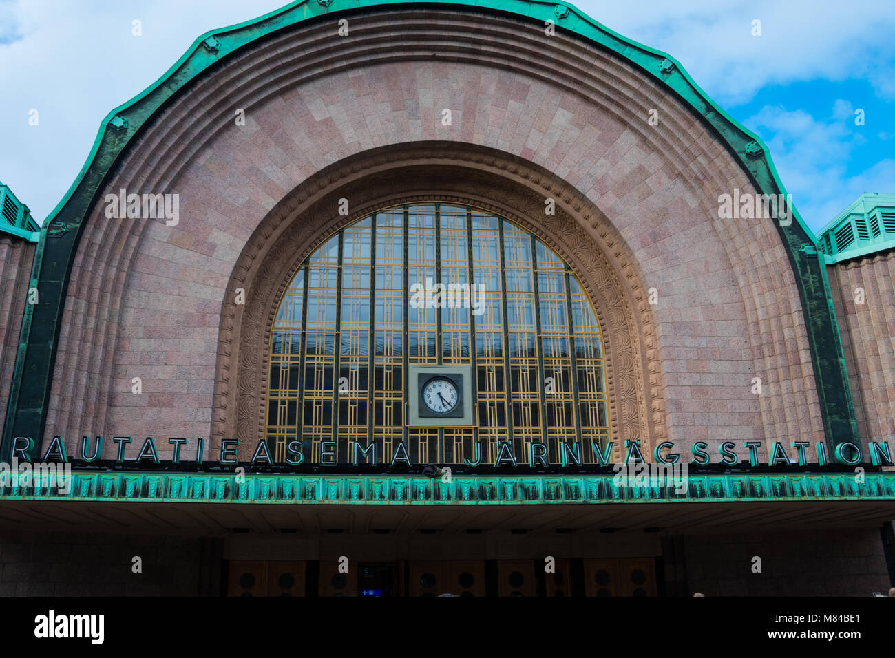 Helsinki, Finland. August 26, 2017. Helsinki Central Railway Station Facade (Finnish Helsingin