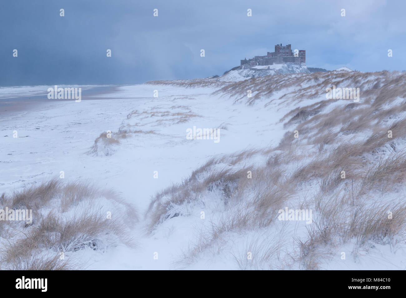 Snow covered beach and sand dunes by Bamburgh Castle, Northumberland, England. Winter (February) 2018. Stock Photo