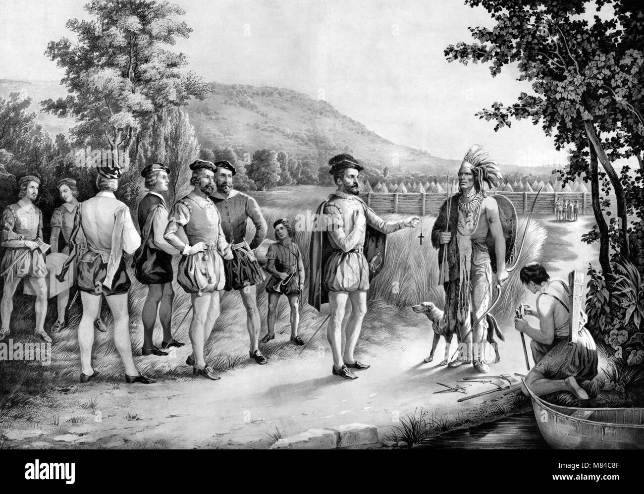Jacques Cartier (1491-1557). A 19th century lithograph of the French explorer Jacques Cartier meeting Indians at Hochelaga, now Montreal, in 1535. Stock Photo