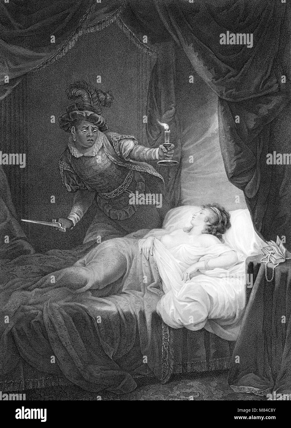 Othello, Act V, Scene II showing Othello with a knife and Desdemona asleep. An engraving by William Satchwell Leney from a painting by J D Graham, 1799. Stock Photo